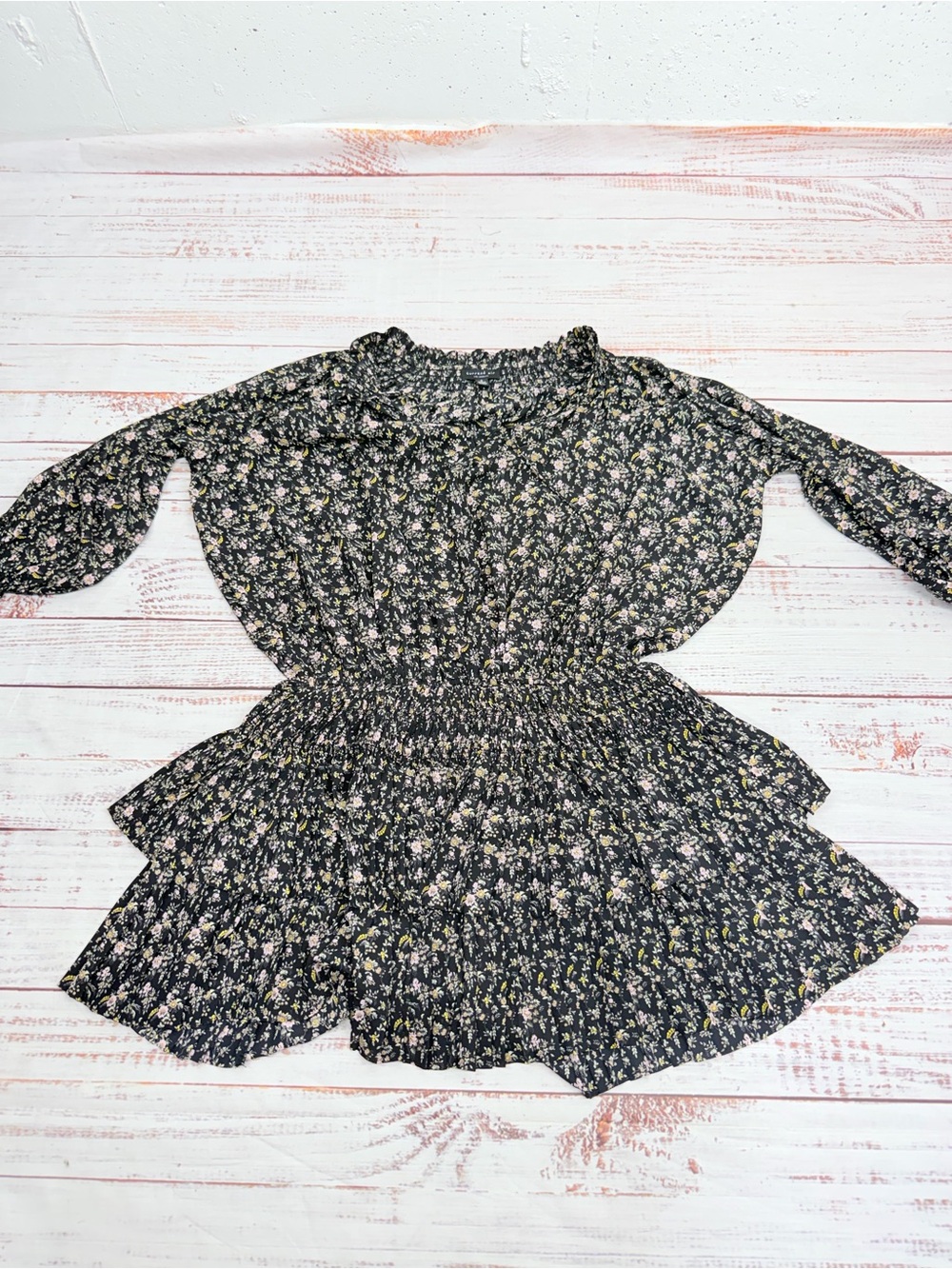 Current Air Small Black Floral Long Sleeve Smocked Ruffled Tiered Mini Dress - Picture 9 of 13
